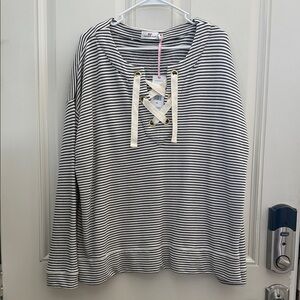 Vineyard Vines Black and White Striped Lace-Up Long Sleeve Top